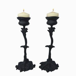 Pair Black Cast Iron Look Pillar Candle Holders Gothic Metal Vine Candlesticks